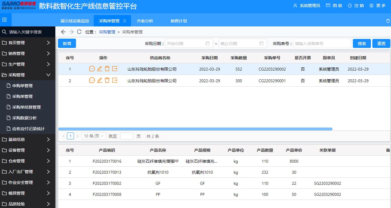 3、采购管理 　　库存人员或采购人员进行申购计划提交，由审核人员进行审批。采购人员根据申购产品进行申购；对采购单进行结算管理，付款状态、进度实时跟踪。