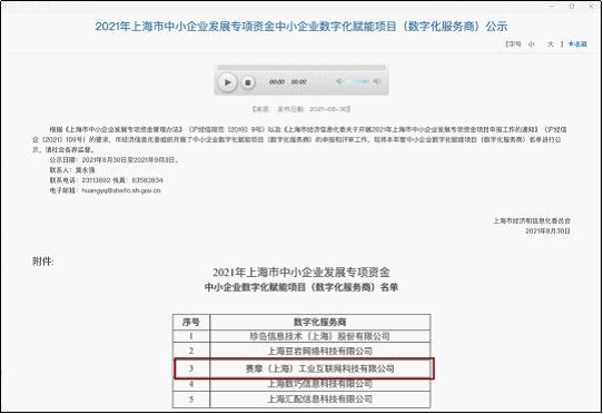 上海mg不朽情缘工业互联网获得“上海市中小企业发展专项资金中小企业数字化赋能项目”