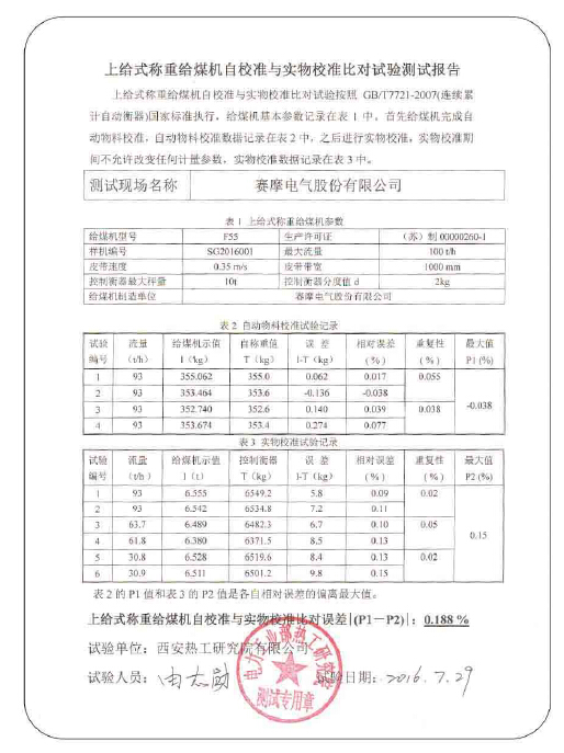 上给式称重给煤机测试报告